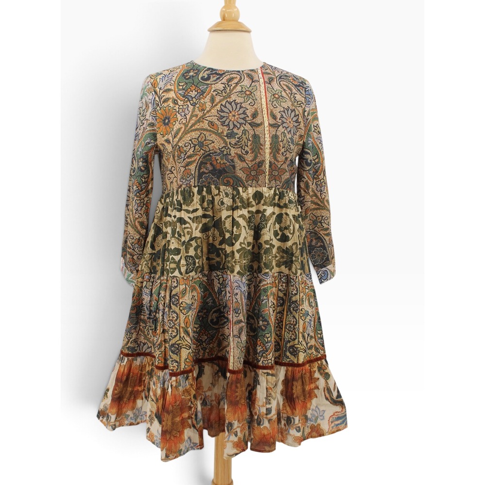 Ro's Garden Rene Mini Dress XS Floral Paisley Tiered Boho 3/4 Sleeve